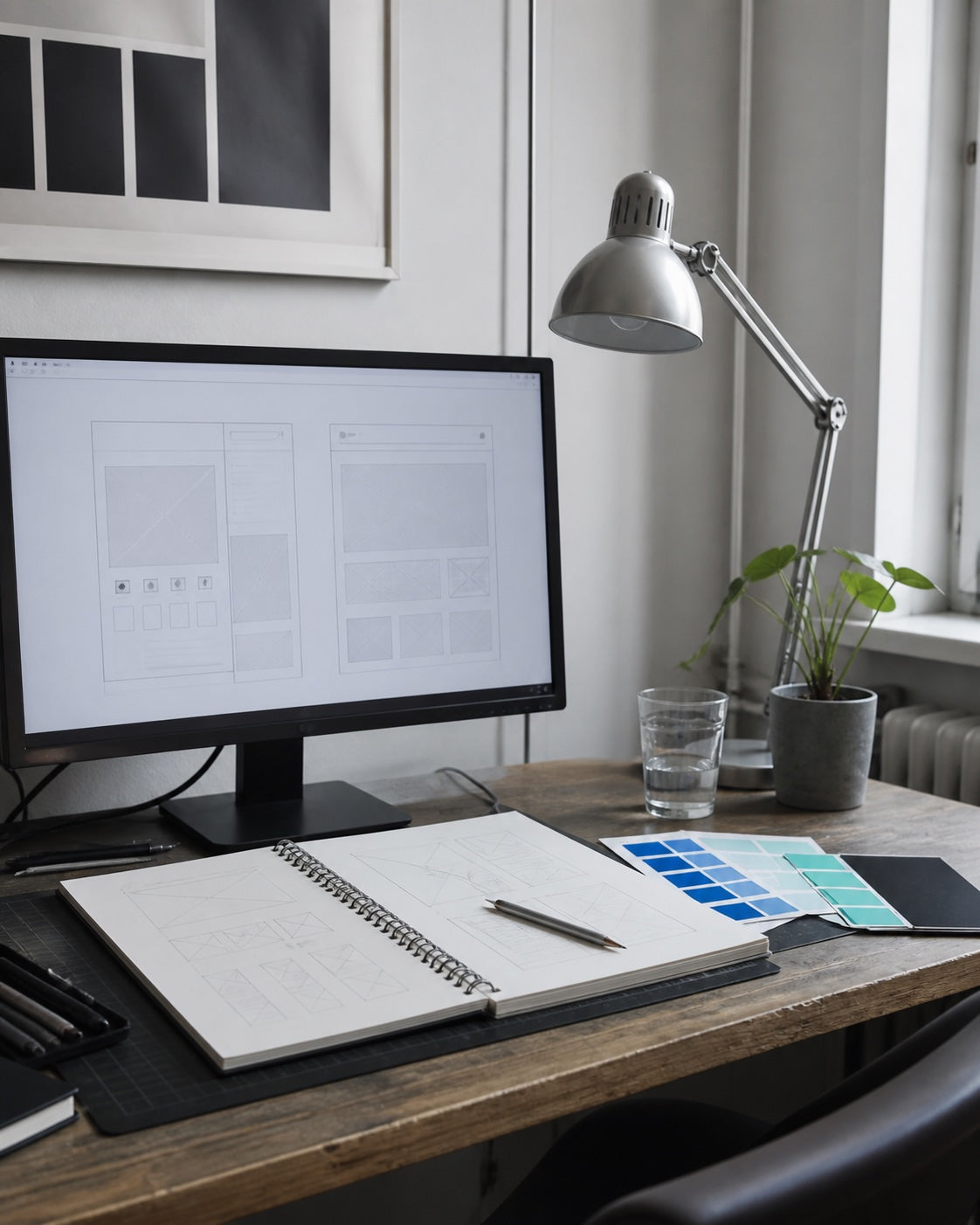 AI-gegenereerde sfeerimpressie van een creatieve webdesignwerkplek met wireframes en kleurstalen